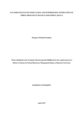 Factors Influencing Population and Interspecific Interaction of Three Primates in South Nandi Forest, Kenya