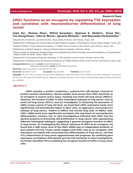 LMO1 Functions As an Oncogene by Regulating TTK Expression and Correlates with Neuroendocrine Differentiation of Lung Cancer