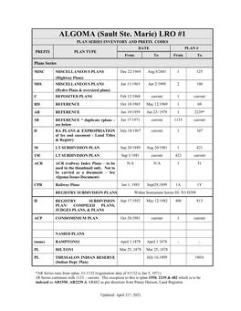 ALGOMA (Sault Ste. Marie) LRO #1 PLAN SERIES INVENTORY and PREFIX CODES DATE PLAN # PREFIX PLAN TYPE from to from to Plans Series