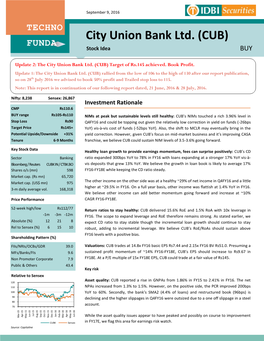 City Union Bank Ltd. (CUB) FUNDA REPORT Stock Idea BUY