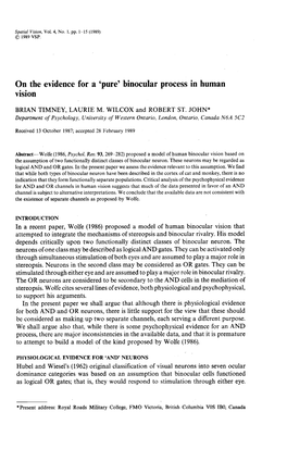 Binocular Process in Human Vision BRIAN TIMNEY, LAURIE M