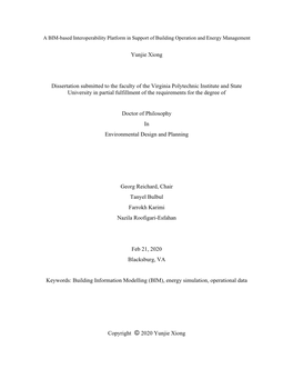 Yunjie Xiong Dissertation Submitted to the Faculty of the Virginia Polytechnic Institute and State University in Partial Fulfill