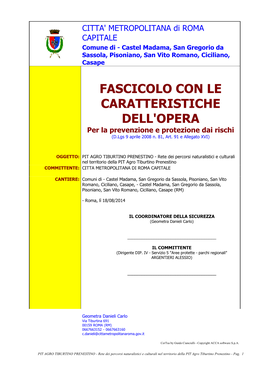 FASCICOLO CON LE CARATTERISTICHE DELL'opera Per La Prevenzione E Protezione Dai Rischi (D.Lgs 9 Aprile 2008 N