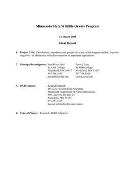 Distribution, Abundance and Genetic Diversity of the Longear Sunfish (Lepomis Megalotis) in Minnesota, with Determination of Important Populations