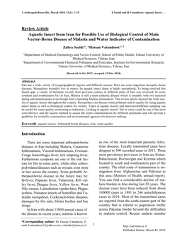 Review Article Aquatic Insect from Iran for Possible Use of Biological Control of Main Vector-Borne Disease of Malaria and Water Indicator of Contamination