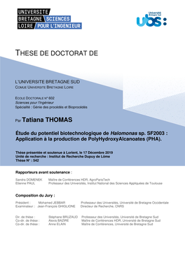 Étude Du Potentiel Biotechnologique De Halomonas Sp. SF2003 : Application À La Production De Polyhydroxyalcanoates (PHA)