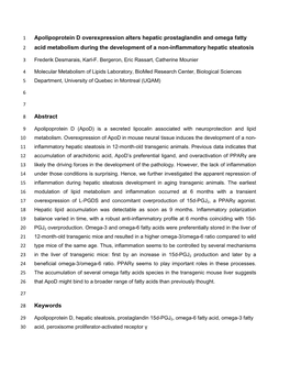 Apolipoprotein D Overexpression Alters Hepatic Prostaglandin and Omega Fatty 2 Acid Metabolism During the Development of a Non-Inflammatory Hepatic Steatosis