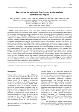 Perceptions, Attitudes and Practices on Achistosomiasis in Delta State, Nigeria