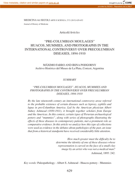 Pre-Columbian Moulages” Huacos, Mummies, and Photographs in the International Controversy Over Precolumbian Diseases, 1894-1910