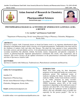 Phytopharmacological Activities of Spermacoce Latifolia Aubl: a Review