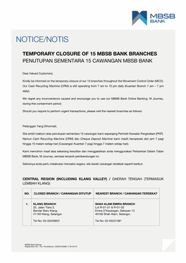 Temporary Closure of 15 Mbsb Bank Branches Penutupan Sementara 15 Cawangan Mbsb Bank