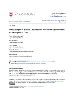 Introducing Lu-1, a Novel Lactobacillus Jensenii Phage Abundant in the Urogenital Tract