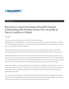 Bon Jovi to Launch Exclusive Siriusxm Channel Culminating with Private Concert for Siriusxm at Secret Location in Miami
