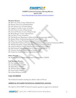 Approval of FAMPO Technical Committee Meeting Minutes of April 11, 2016