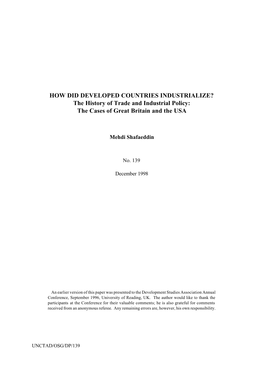 HOW DID DEVELOPED COUNTRIES INDUSTRIALIZE? the History of Trade and Industrial Policy: the Cases of Great Britain and the USA