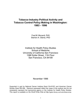 Tobacco Industry Political Activity and Tobacco Control Policy Making in Washington: 1983 - 1996