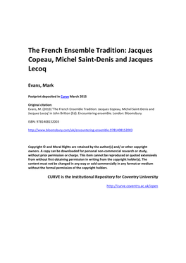 The French Ensemble Tradition: Jacques Copeau, Michel Saint-Denis and Jacques Lecoq