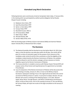 Islamabad Long March Declaration the Decisions