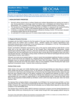 Southern Africa • Floods Regional Update # 1 10 March 2010 This Report Was Issued by the Regional Office for Southern and Eastern Africa (ROSEA)