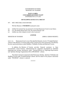 Government of India Ministry of Tourism Rajya Sabha Unstarred Question No.957 Answered on 27.07.2021 Developing Ramayana Circuit