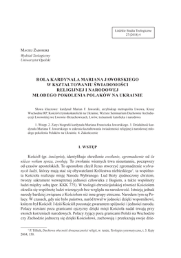 Rola Kardynała Mariana Jaworskiego W Kształtowaniu Świadomości Religijnej I Narodowej Młodego Pokolenia Polaków Na Ukrainie