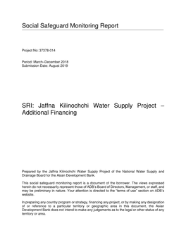 SRI: Jaffna Kilinochchi Water Supply Project – Additional Financing
