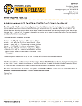 P-Bruins Announce Eastern Conference Finals Schedule