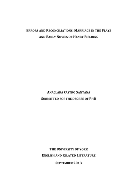 Errors and Reconciliations: Marriage in the Plays and Early Novels of Henry Fielding