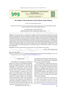 The Stability of Metasedimentary Rock in Ranau, Sabah, Malaysia INDONESIAN JOURNAL on GEOSCIENCE