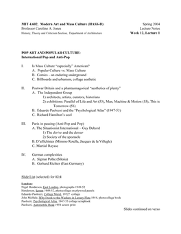 Spring 2004 Professor Caroline A. Jones Lecture Notes Week 12, Lecture 1 POP