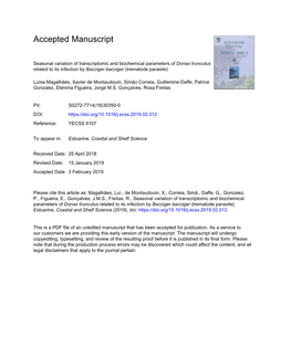 Seasonal Variation of Transcriptomic and Biochemical Parameters of Donax Trunculus Related to Its Infection by Bacciger Bacciger (Trematode Parasite)