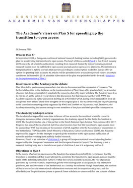The Academy's Views on Plan S for Speeding up the Transition to Open