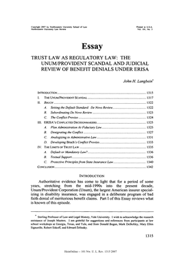 Trust Law As Regulatory Law: the Unum/Provident Scandal and Judicial Review of Benefit Denials Under Erisa