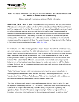 Radio the Voice of Vietnam Uses Tropos Networks Wireless Broadband Network with IVC Cameras to Monitor Traffic in Ha Noi City
