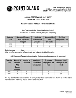 SCHOOL PERFORMANCE FACT SHEET CALENDAR YEARS 2018 & 2019 Music Production – 40 Hours / 10 Weeks / 3 Months On-Time Complet