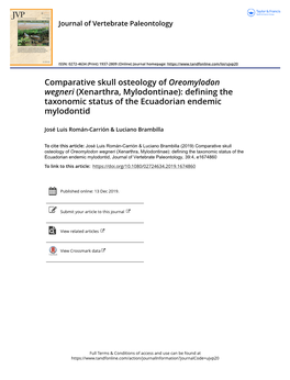 Comparative Skull Osteology of Oreomylodon Wegneri (Xenarthra, Mylodontinae): Defining the Taxonomic Status of the Ecuadorian Endemic Mylodontid