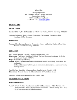Alissa Klots History Department the European University at Saint Petersburg Gagarinskaya Ul., D.6 191187 Saint Petersburg, Russia +7-902-80-72267, Aklots@Eu.Spb.Ru