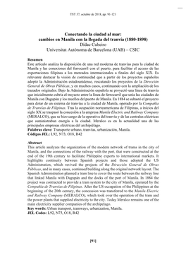 Cambios En Manila Con La Llegada Del Tranvía (1880-1898) Dídac Cubeiro Universitat Autònoma De Barcelona (UAB) – CSIC