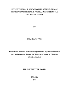 Effectiveness and Sustainability of the Catholic Church’S Environmental Programmes in Chingola District of Zambia