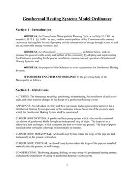 Geothermal Heating Systems Model Ordinance