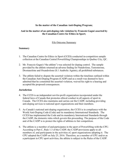 And in the Matter of an Anti-Doping Rule Violation by Francois Gagné Asserted by the Canadian Centre for Ethics in Sport;