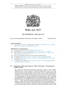 Wills Act 1837 Is up to Date with All Changes Known to Be in Force on Or Before 09 August 2021