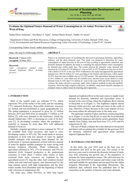 Evaluate the Optimal Future Demand of Water Consumption in Al-Anbar Province in the West of Iraq