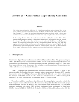 Lecture 26 – Constructive Type Theory Continued