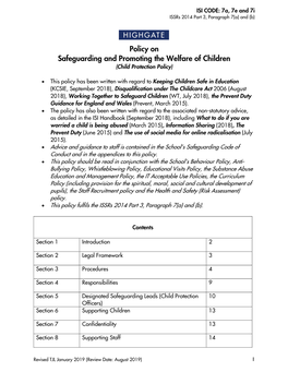 Policy on Safeguarding and Promoting the Welfare of Children (Child Protection Policy)