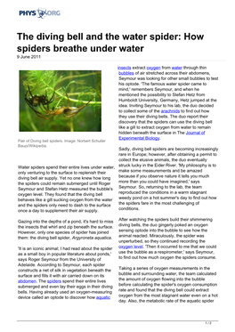 The Diving Bell and the Water Spider: How Spiders Breathe Under Water 9 June 2011