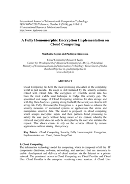 A Fully Homomorphic Encryption Implementation on Cloud Computing