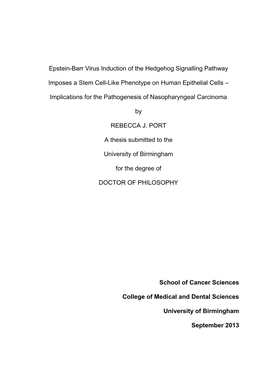 Epstein-Barr Virus Induction of the Hedgehog Signalling Pathway Imposes a Stem Cell-Like Phenotype on Human Epithelial Cells –