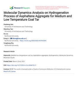 Molecular Dynamics Analysis on Hydrogenation Process of Asphaltene Aggregate for Medium and Low Temperature Coal Tar