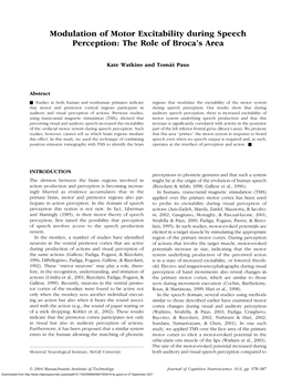 Modulation of Motor Excitability During Speech Perception: the Role of Broca’S Area